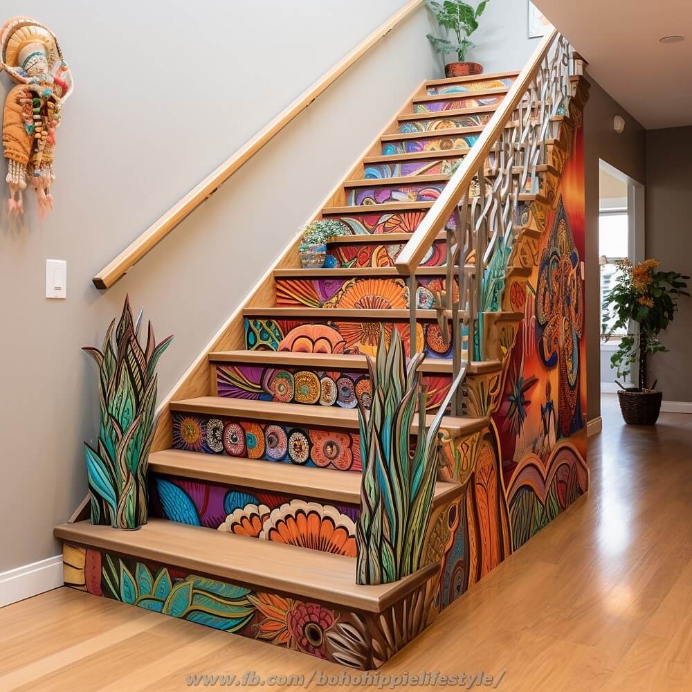 bohemian style stair design ideas (10)