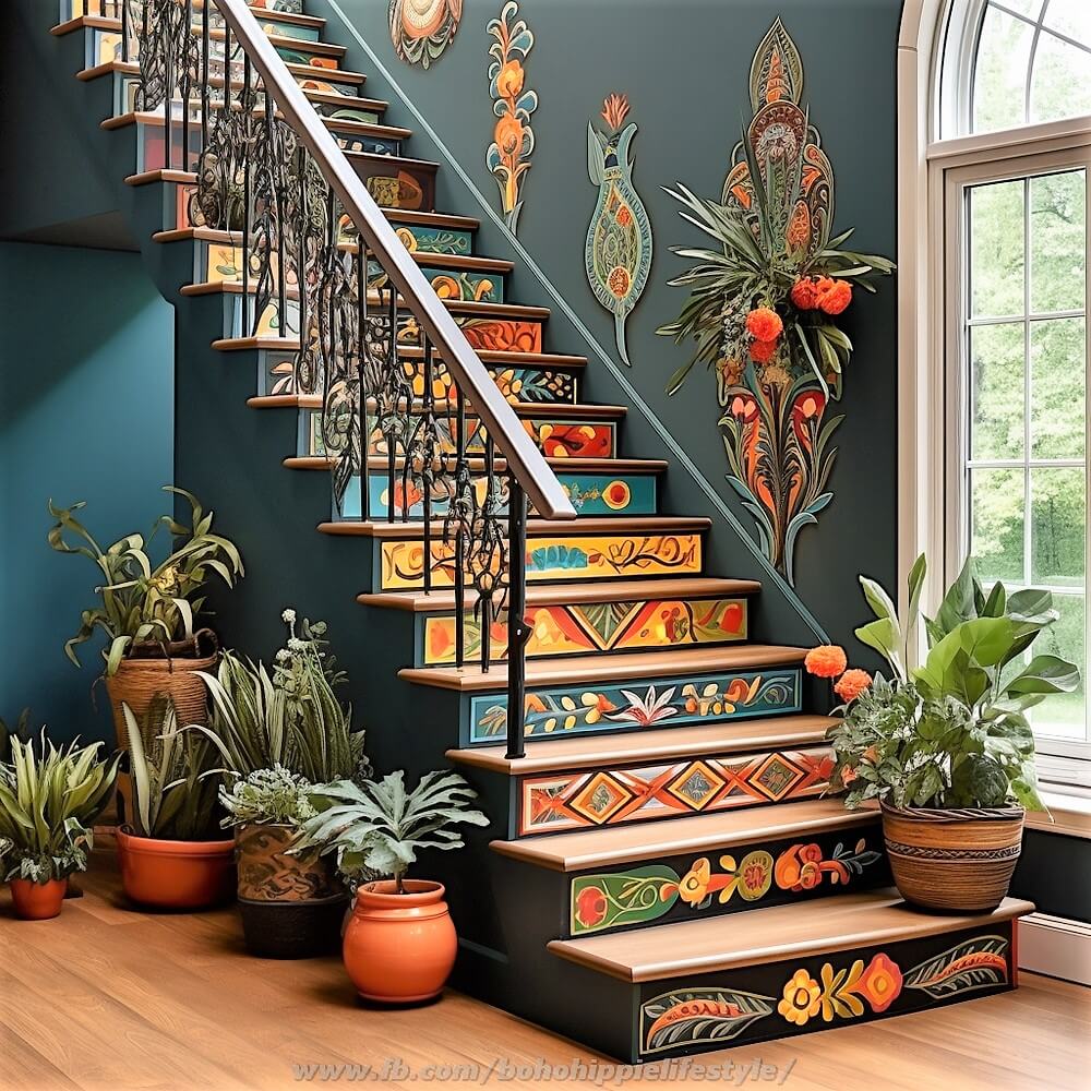 bohemian style stair design ideas (9)
