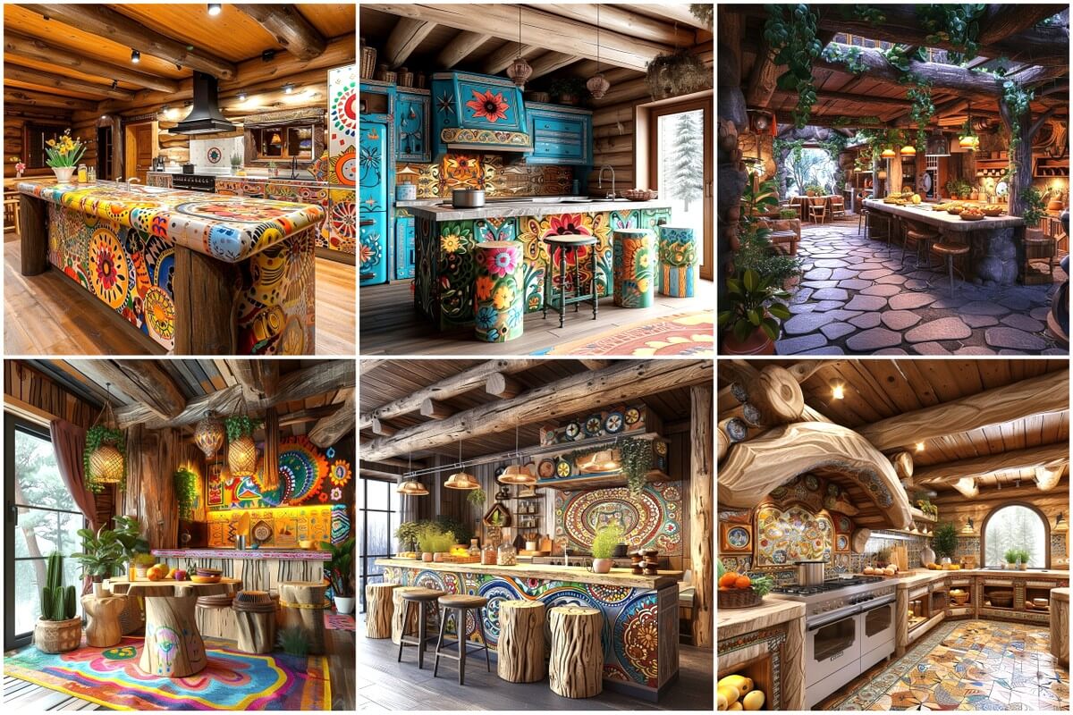 bohemian style log house kitchen (1)